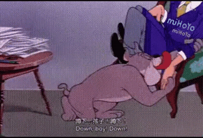 A Cartoon Of A Man Sitting In A Chair With A Dog Licking His Leg . GIF