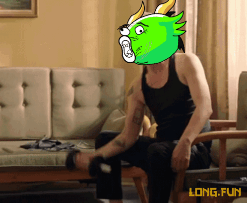A Cartoon Of A Man Sitting In A Chair With A Green Head And The Words Long Fun Below Him GIF