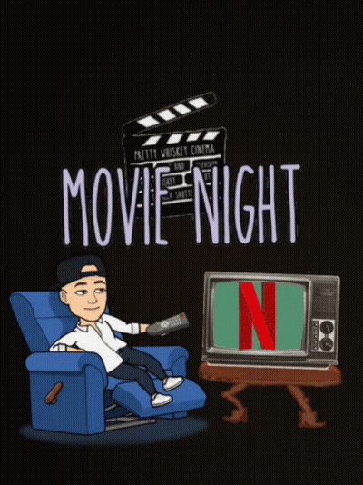 A Cartoon Of A Man Sitting In A Chair With A Remote In Front Of A Tv That Says Movie Night GIF
