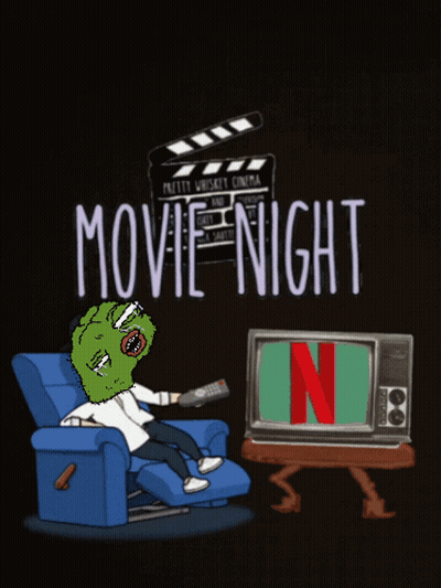 A Cartoon Of A Man Sitting In A Chair With A Remote In His Hand And The Words Movie Night Above Him GIF