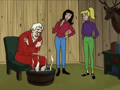 A Cartoon Of A Man Sitting In A Chair With His Feet In A Bucket Of Water GIF