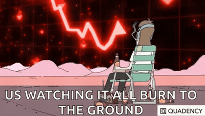 A Cartoon Of A Man Sitting In A Chair With The Words Us Watching It All Burn To The Ground GIF