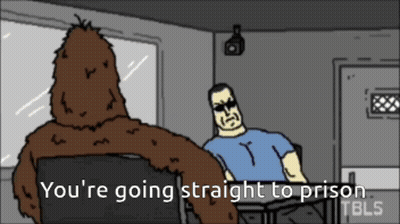 A Cartoon Of A Man Sitting In A Chair With The Words " You 'Re Going Straight To Prison " On The Bottom GIF