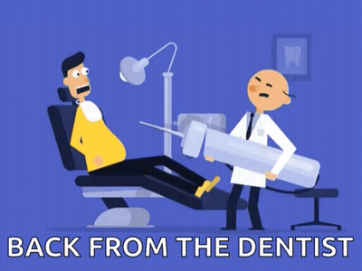 A Cartoon Of A Man Sitting In A Dental Chair With The Words Back From The Dentist Above Him GIF