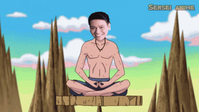A Cartoon Of A Man Sitting In A Lotus Position With The Words Sensei Anime On The Bottom GIF