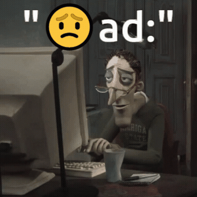 A Cartoon Of A Man Sitting In Front Of A Computer With The Words " Ad " Written Above Him GIF