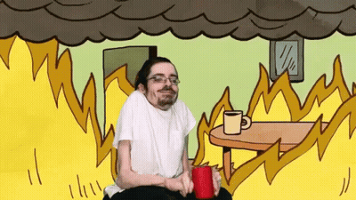 A Cartoon Of A Man Sitting In Front Of A Fire Holding A Red Cup GIF