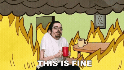A Cartoon Of A Man Sitting In Front Of A Fire With The Words " This Is Fine " Above Him GIF