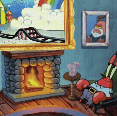 A Cartoon Of A Man Sitting In Front Of A Fireplace With A Picture Of A Roller Coaster Above Him GIF