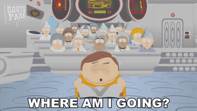 A Cartoon Of A Man Sitting In Front Of A Group Of People With The Words Where Am I Going Below Him GIF