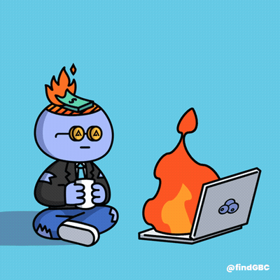 A Cartoon Of A Man Sitting In Front Of A Laptop With A Fire Coming Out Of It GIF