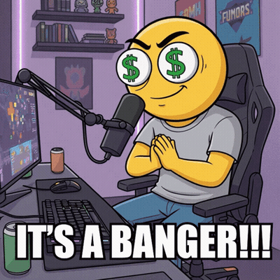 A Cartoon Of A Man Sitting In Front Of A Microphone With The Words It 'S A Banger GIF