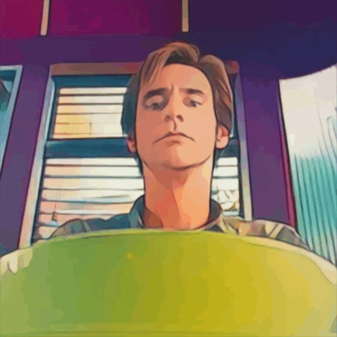 A Cartoon Of A Man Sitting In Front Of A Window With Blinds GIF
