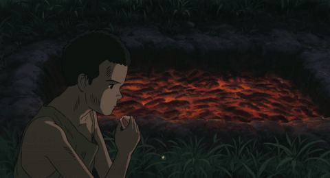 A Cartoon Of A Man Sitting In The Grass Looking At Fireflies GIF