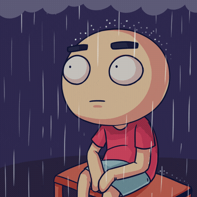 A Cartoon Of A Man Sitting In The Rain With A Lightning Bolt In The Background GIF