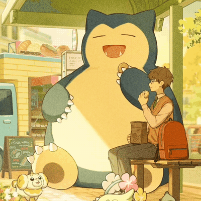 A Cartoon Of A Man Sitting Next To A Giant Snorlax Eating A Donut GIF
