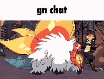 A Cartoon Of A Man Sitting Next To A Monster With The Words " Gn Chat " Above It GIF
