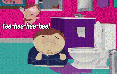 A Cartoon Of A Man Sitting Next To A Toilet With The Words Tee-Hee-Hee-Hee Written Above Him GIF