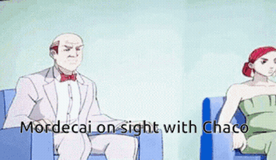 A Cartoon Of A Man Sitting Next To A Woman With The Words Mordecai On Sight With Chaco GIF