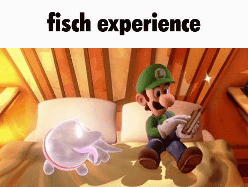 A Cartoon Of A Man Sitting On A Bed With The Words Fisch Experience Below Him GIF