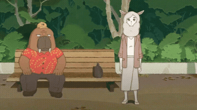 A Cartoon Of A Man Sitting On A Bench And A Woman Standing Next To Him GIF