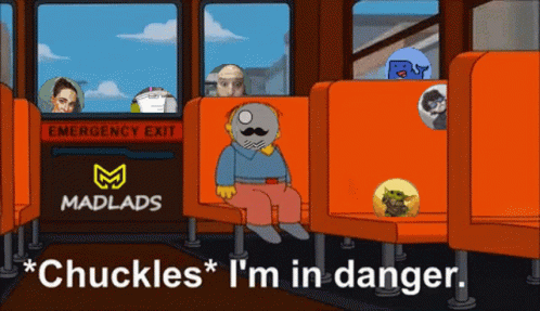 A Cartoon Of A Man Sitting On A Bus With The Words " Chuckles I 'M In Danger " Below Him GIF