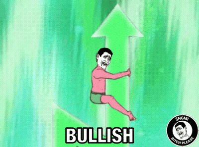 A Cartoon Of A Man Sitting On A Green Arrow With The Word Bullish On It GIF