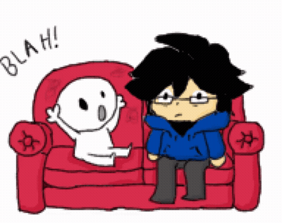 A Cartoon Of A Man Sitting On A Red Couch Next To A White Ghost With The Word Blah Written Above Him GIF