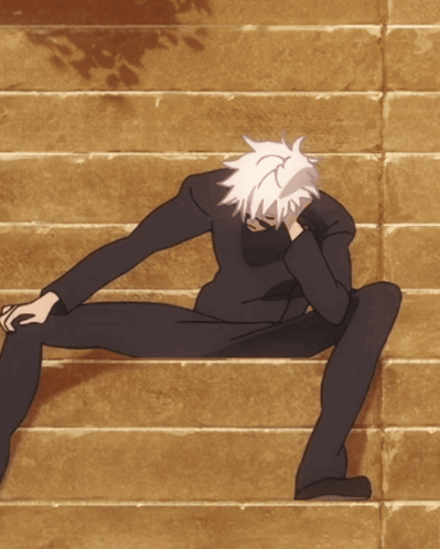 A Cartoon Of A Man Sitting On A Set Of Stairs GIF