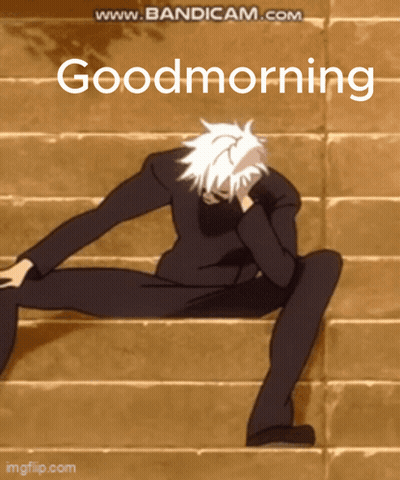 A Cartoon Of A Man Sitting On A Set Of Stairs With The Words " Good Morning " On The Bottom GIF