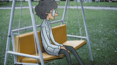 A Cartoon Of A Man Sitting On A Swing In A Park GIF