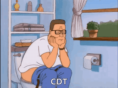 A Cartoon Of A Man Sitting On A Toilet With The Word Cdt Written On It GIF