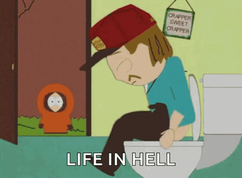 A Cartoon Of A Man Sitting On A Toilet With The Words " Life In Hell " Below Him GIF
