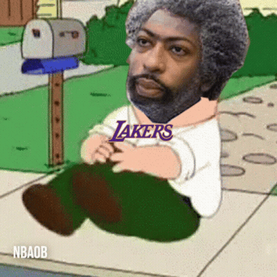A Cartoon Of A Man Sitting On The Sidewalk With The Lakers Logo On His Shirt GIF