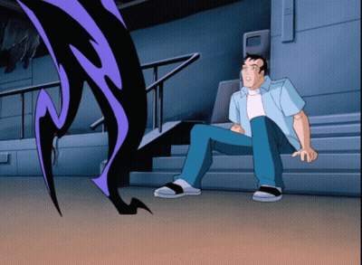 A Cartoon Of A Man Sitting On The Stairs With A Purple And Black Monster Behind Him GIF