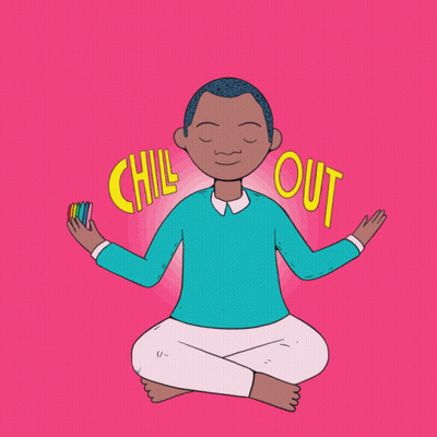 A Cartoon Of A Man Sitting Under A Rainbow With Chill Out Written On The Bottom GIF