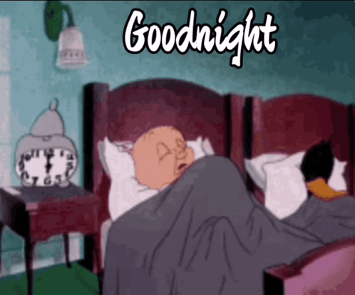 A Cartoon Of A Man Sleeping In A Bed With The Words Goodnight On The Bottom GIF