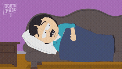 A Cartoon Of A Man Sleeping With A Sign That Says South Park GIF