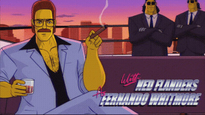 A Cartoon Of A Man Smoking A Cigar With The Words " With Red Flanders Fernando Whitmore " On The Bottom GIF