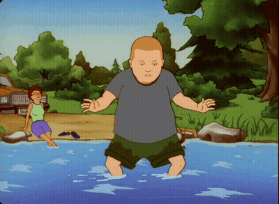 A Cartoon Of A Man Standing In A Body Of Water With A Jeep In The Background GIF