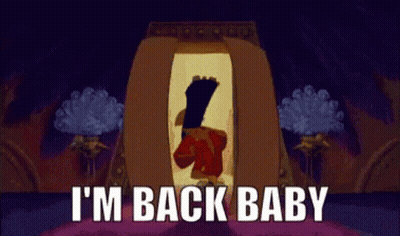 A Cartoon Of A Man Standing In A Doorway With The Words I 'M Back Baby Behind Him . GIF