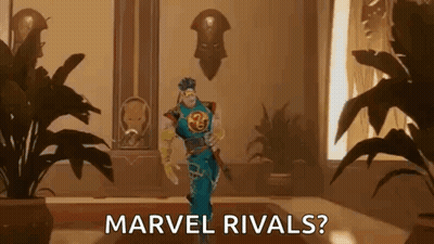 A Cartoon Of A Man Standing In A Hallway With The Words `` Marvel Rivals '' Written On The Floor . GIF