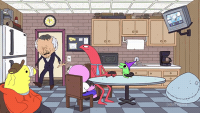 A Cartoon Of A Man Standing In A Kitchen With A Clock On The Wall Above Him GIF