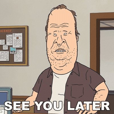 A Cartoon Of A Man Standing In Front Of A Bulletin Board That Says " See You Later " GIF