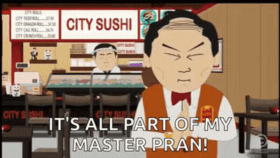 A Cartoon Of A Man Standing In Front Of A City Sushi Sign GIF