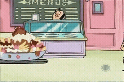 A Cartoon Of A Man Standing In Front Of A Display Case With Ice Cream In It . GIF