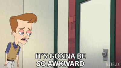 A Cartoon Of A Man Standing In Front Of A Door That Says It 'S Gonna Be So Awkward GIF