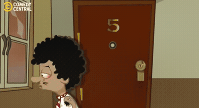 A Cartoon Of A Man Standing In Front Of A Door With The Number Five On It GIF
