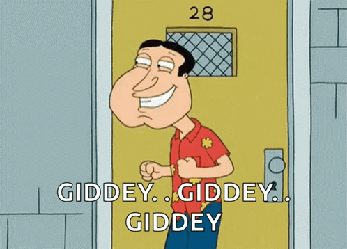 A Cartoon Of A Man Standing In Front Of A Door With The Words Giddy Giddy Giddy GIF