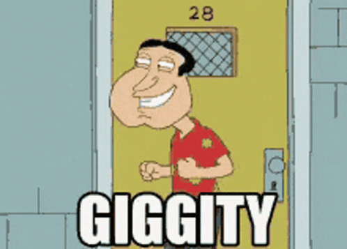 A Cartoon Of A Man Standing In Front Of A Door With The Words Giggity On It GIF